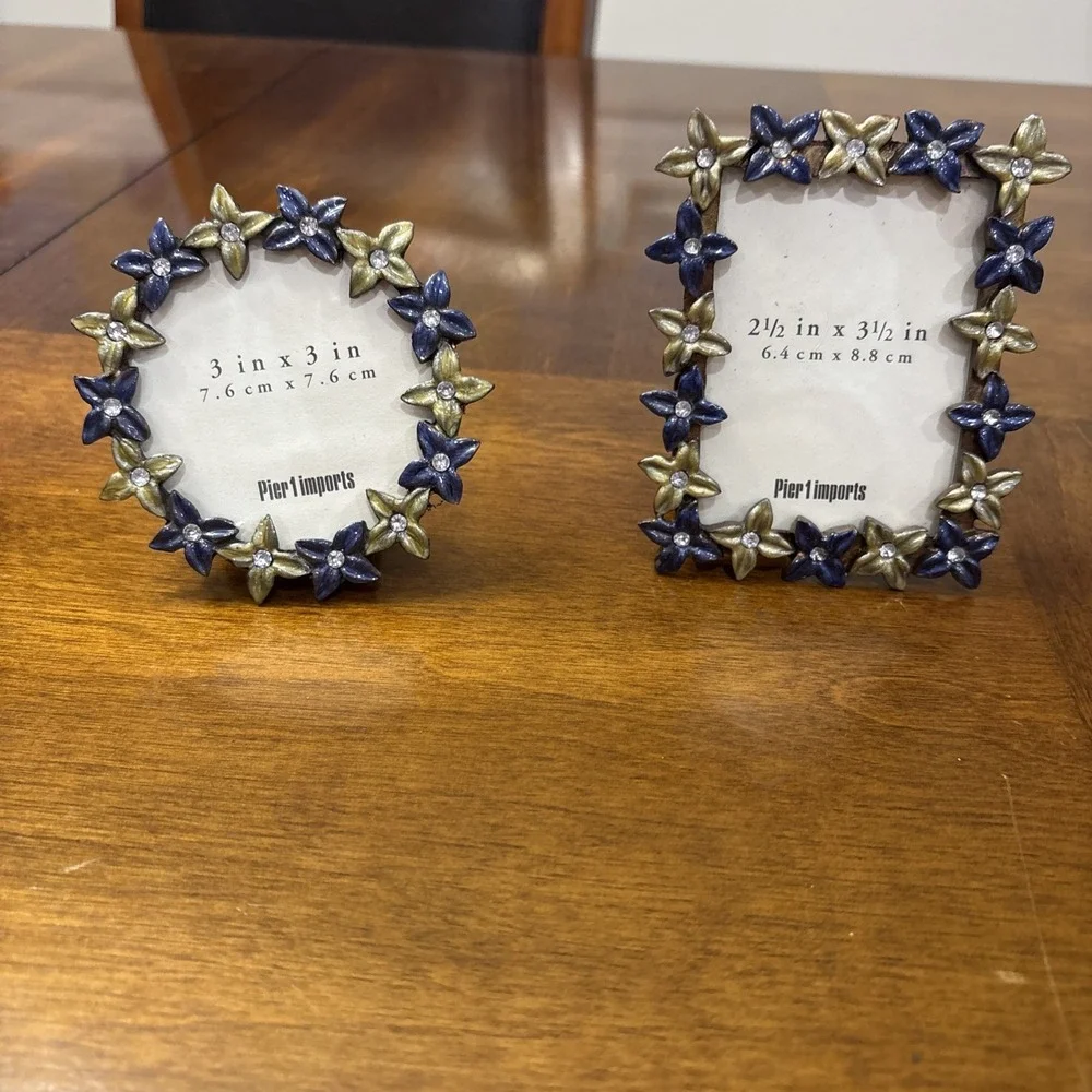 Lot Of Two Pier 1 Flower Rhinestone Small Picture Frames Blue/ Gold